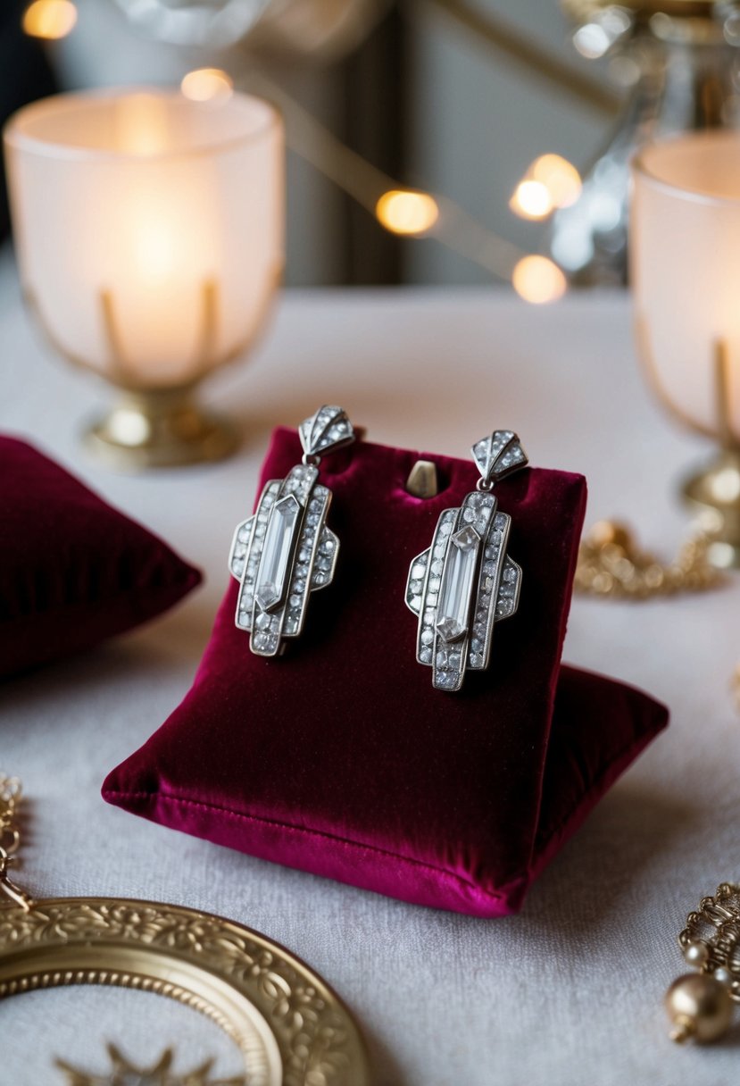 A pair of vintage Art Deco earrings displayed on a velvet cushion, surrounded by soft lighting and elegant decor