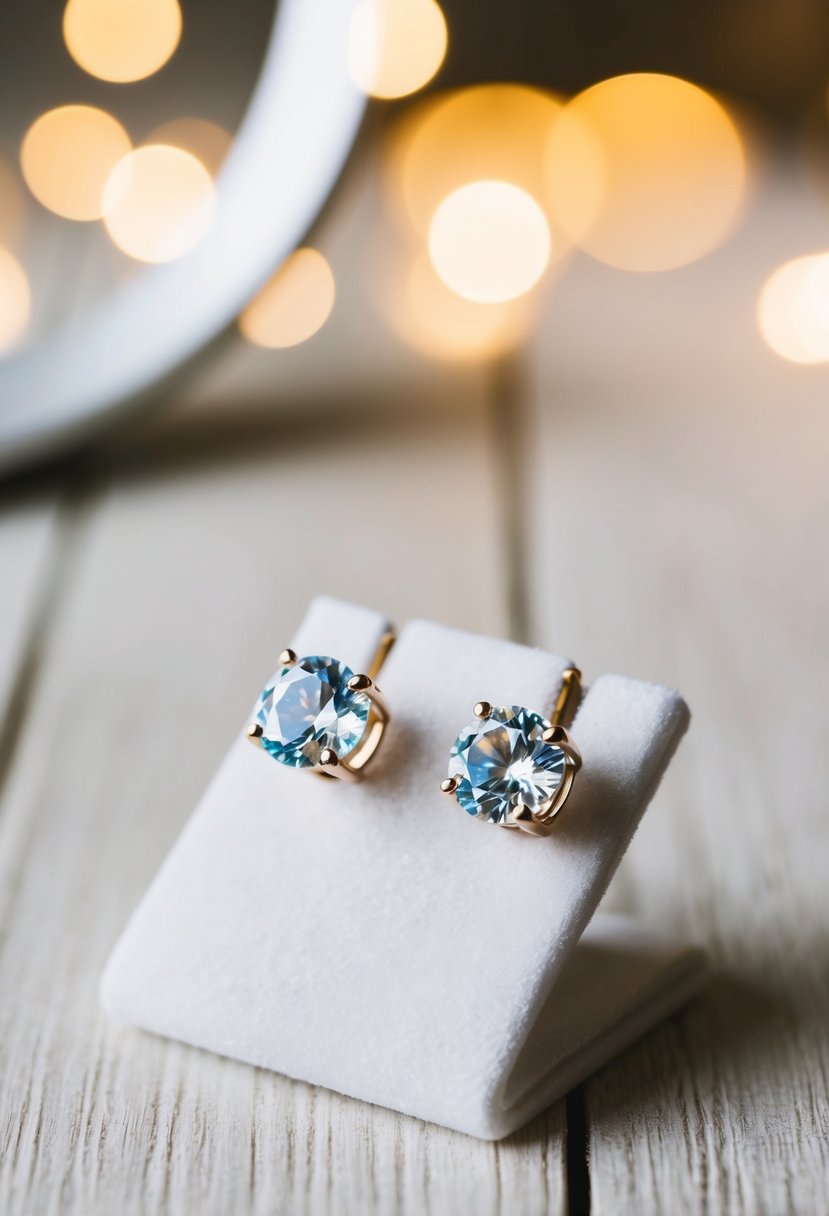 Two sparkling cubic zirconia studs displayed on a white velvet earring stand