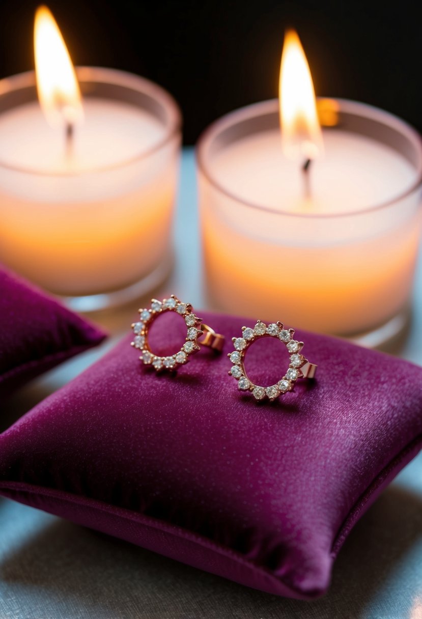 A close-up of rose gold halo studs on a velvet cushion, surrounded by soft candlelight