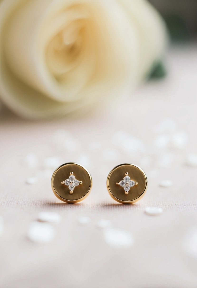 A close-up of two delicate gold stud earrings by Mejuri, set against a soft, romantic background to evoke wedding elegance