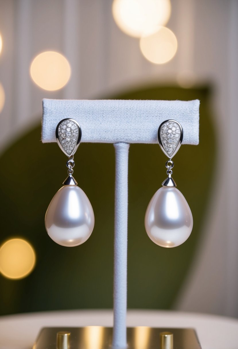 A pair of pearl drop earrings by Mikimoto displayed on a velvet cushion with soft lighting