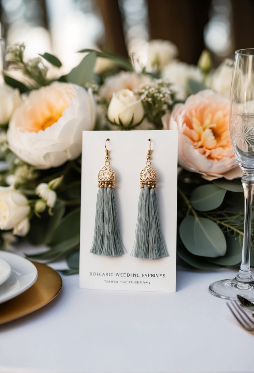 A table adorned with Bohemian Tassel Earrings in a romantic wedding setting