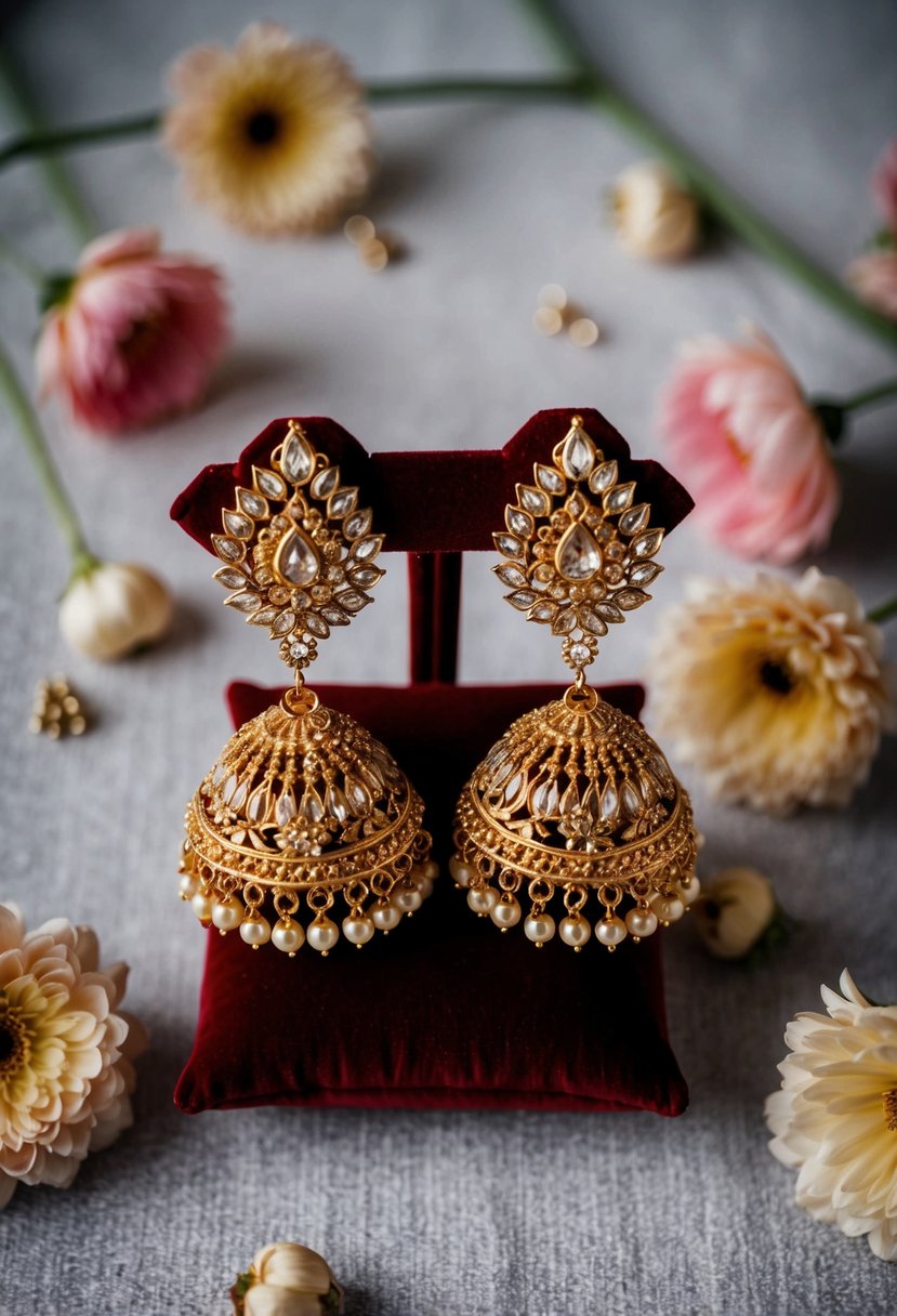 A pair of intricately designed gold Indian wedding earrings displayed on a velvet cushion, surrounded by delicate floral motifs