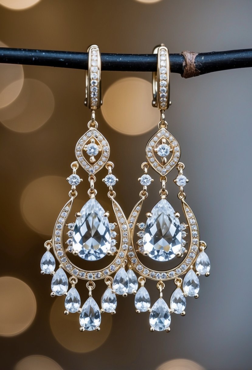 A pair of chandelier earrings from BHLDN dangle elegantly, catching the light with intricate details and sparkling gemstones