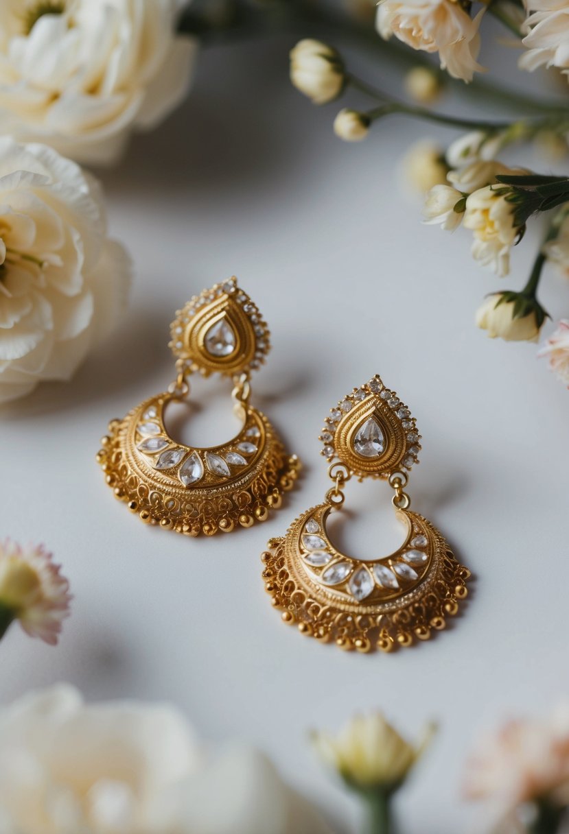 A pair of elegant gold Chandbali earrings gleaming under soft lighting, surrounded by delicate floral motifs and intricate details