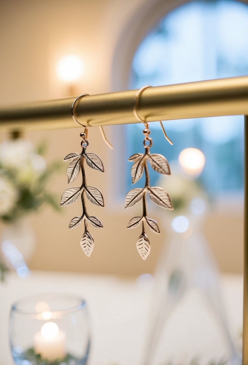 A pair of delicate leaf vine crawler earrings hanging from a display, with a soft background suggesting an elegant wedding setting