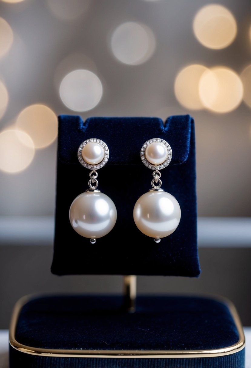 A close-up of two elegant pearl earrings displayed against a dark velvet background, showcasing their three-hole design by Pandora