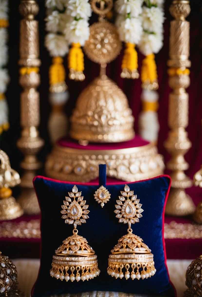 Intricately designed gold Kundan Jhumkas displayed on a velvet cushion with ornate Indian wedding decor in the background