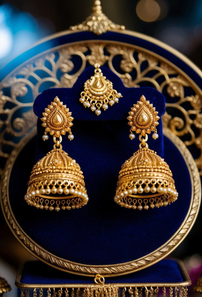 Golden traditional Indian temple earrings on a velvet display, surrounded by intricate patterns and floral motifs