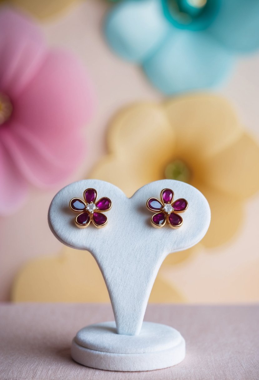 A pair of Flower Gem Studs by Cartier displayed on a white velvet earring stand against a soft pastel background