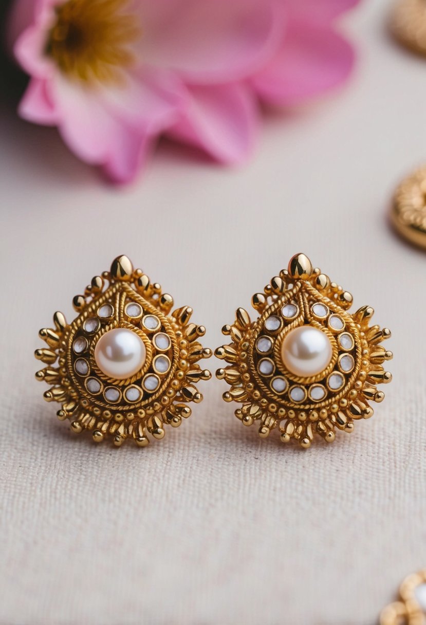 A pair of ornate gold studs with delicate pearl accents, inspired by traditional Indian wedding jewelry