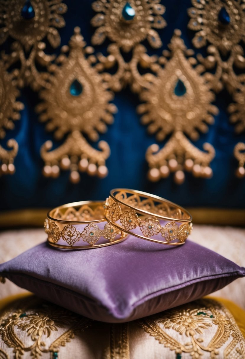 Delicate filigree gold hoops on a velvet cushion with intricate Indian wedding motifs in the background