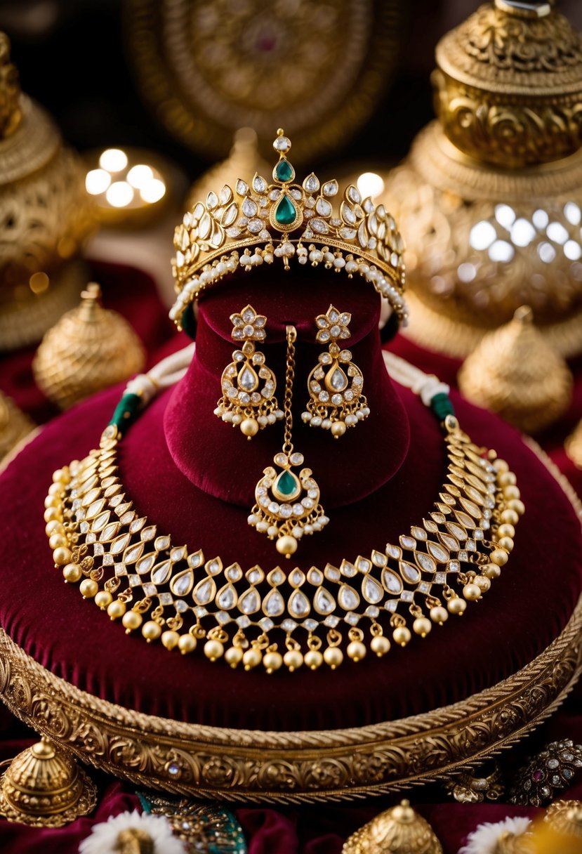 An opulent gold Maang Tikka and earrings set displayed on a velvet cushion, surrounded by intricate Indian wedding decor