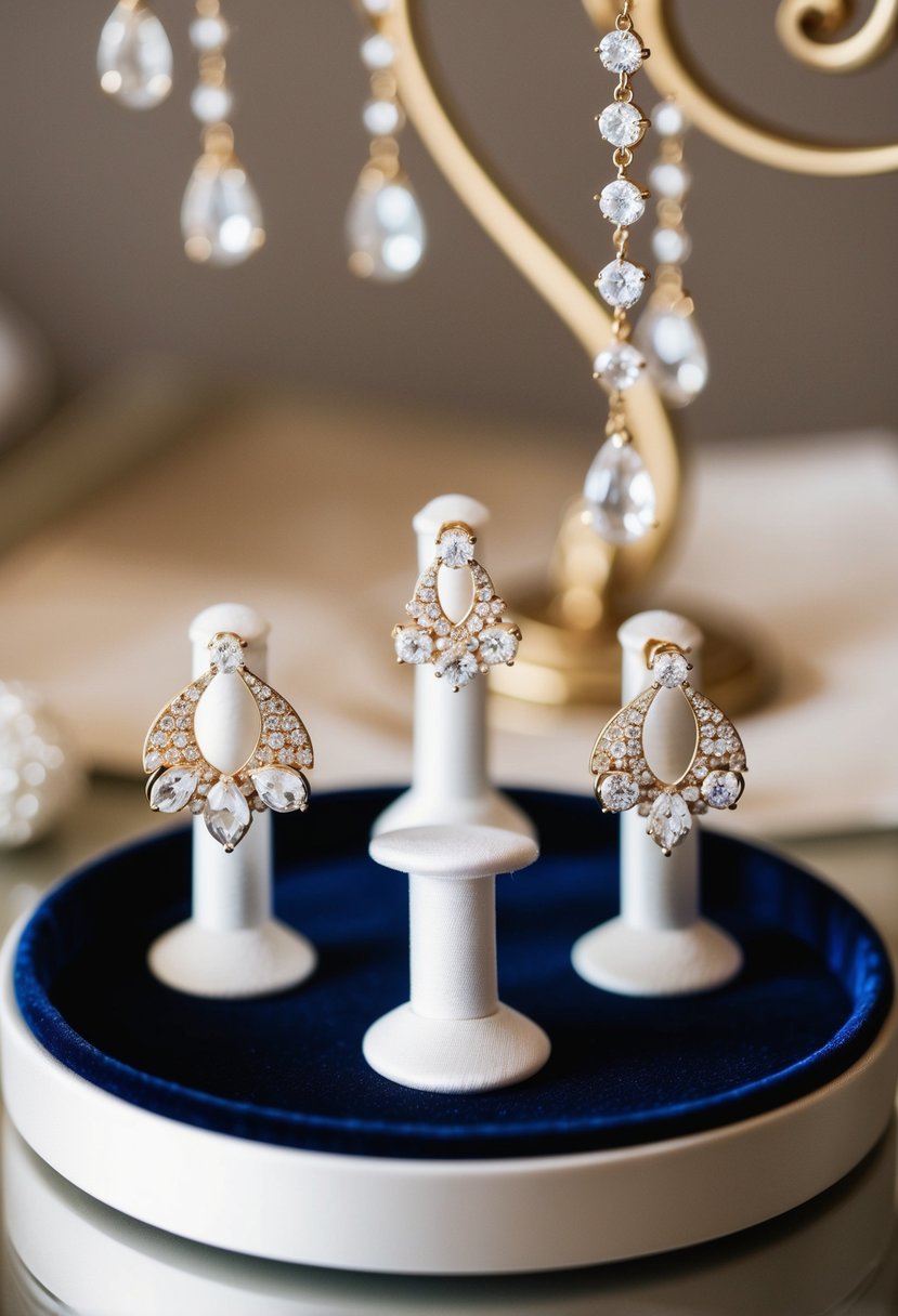 Three elegant wedding earring designs displayed on a velvet-lined tray, each featuring a trio of delicate holes for sparkling gemstones or pearls