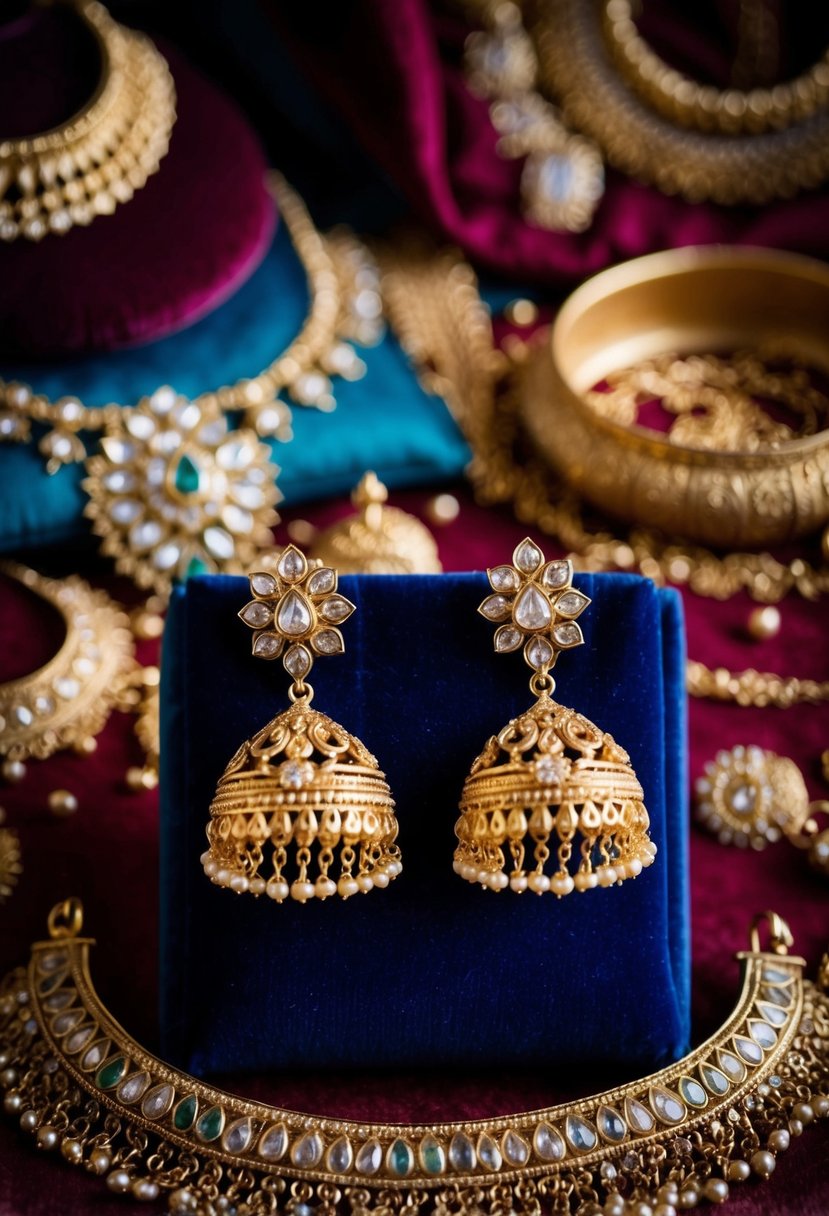 Two antique gold drop earrings displayed on a velvet cushion, surrounded by intricate Indian wedding jewelry