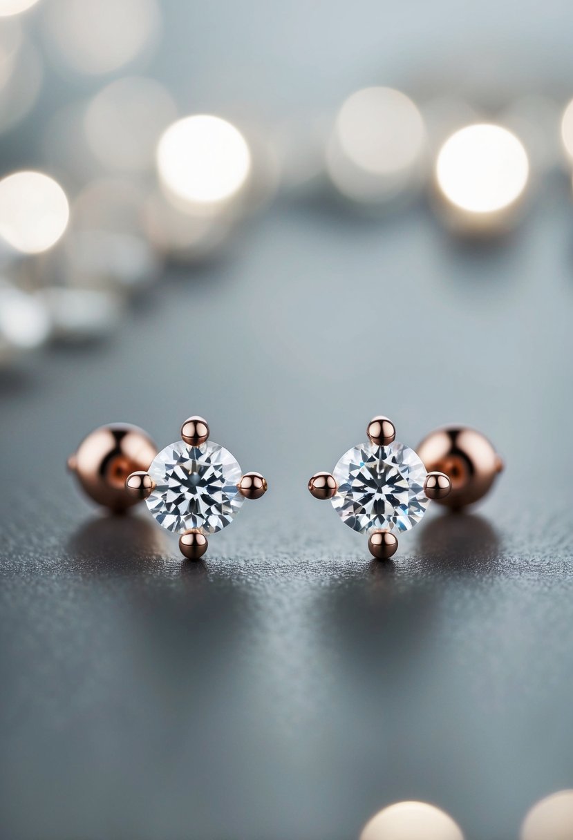 A pair of diamond studs set in minimalist rose gold settings, arranged in a three-hole earring design