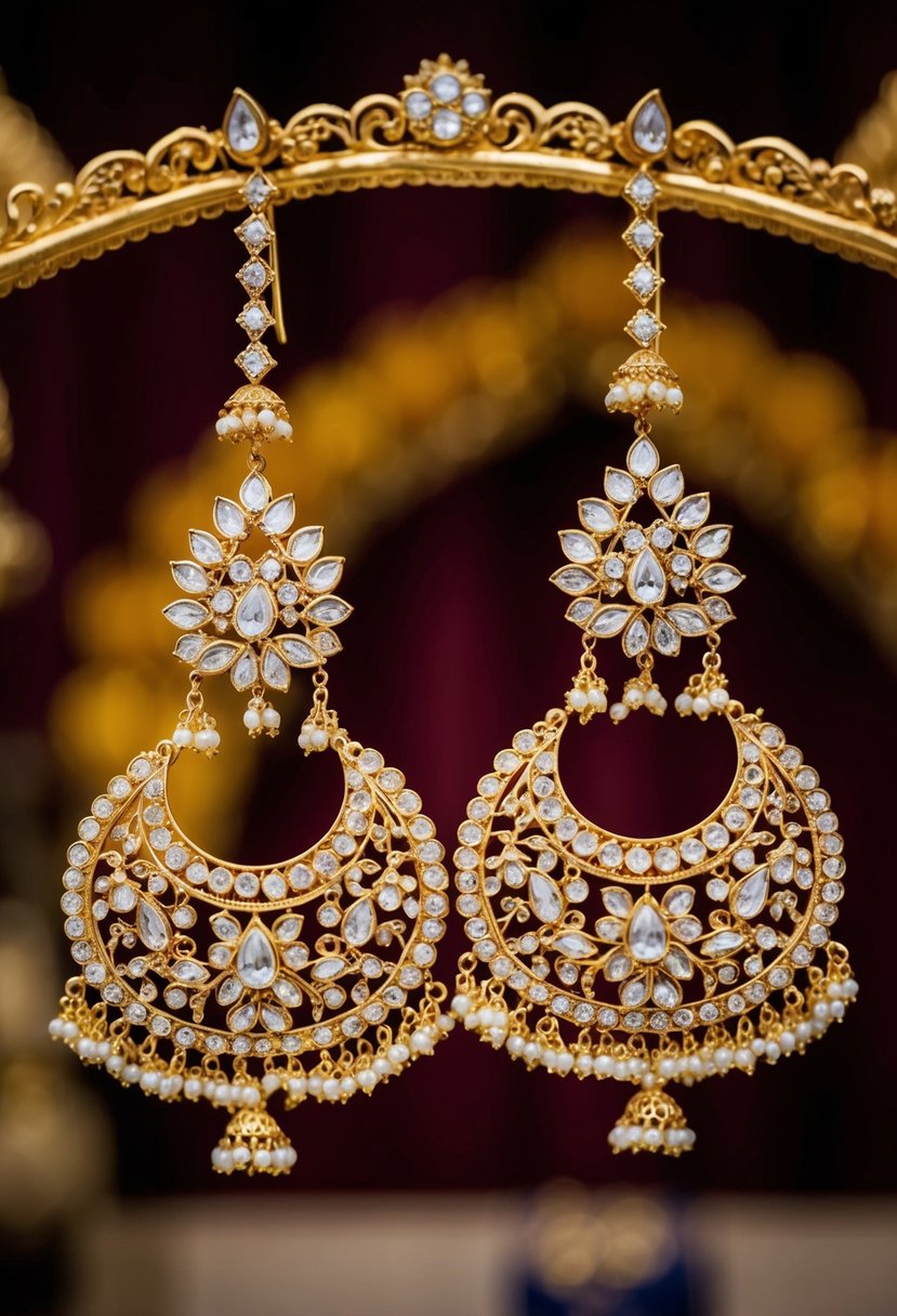 A pair of intricate gold Polki chandelier earrings, adorned with delicate details and sparkling gemstones, hang elegantly against a rich Indian wedding backdrop