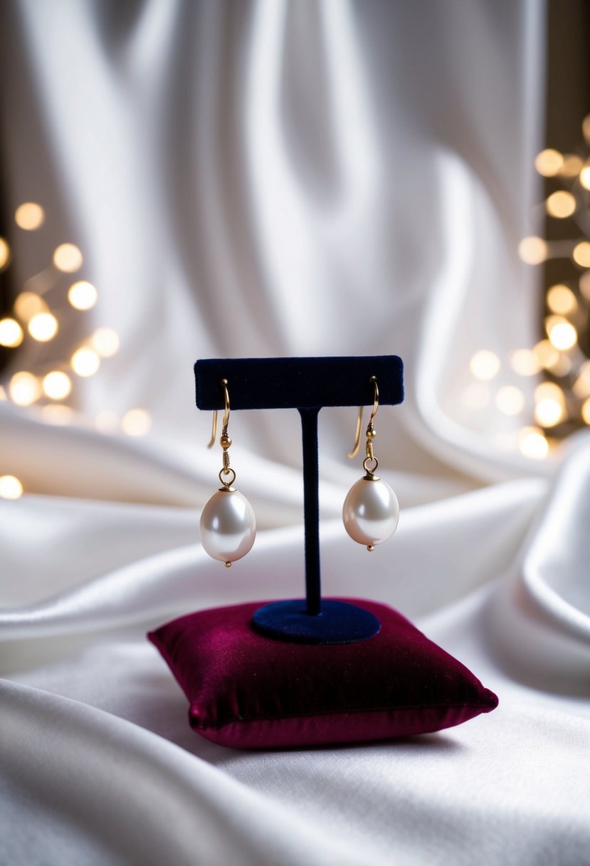 A white silk background with a pair of pearl drop earrings displayed on a velvet cushion, surrounded by soft lighting