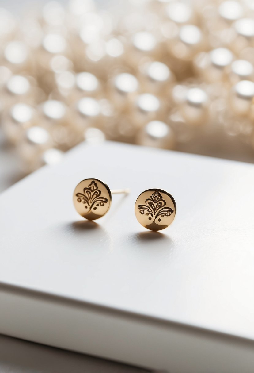 Two minimalist gold stud earrings on a white surface, with a subtle Indian wedding motif