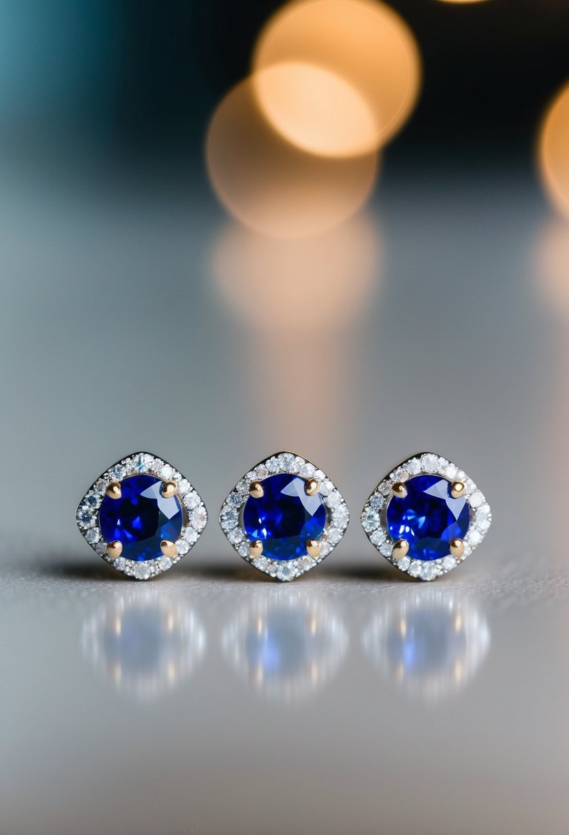 A close-up of three sapphire halo studs arranged in a triangular pattern, with soft lighting to highlight the vibrant blue color