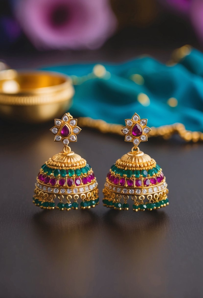 A pair of gold jhumkas adorned with colorful gemstones, reflecting the opulence of Indian wedding traditions