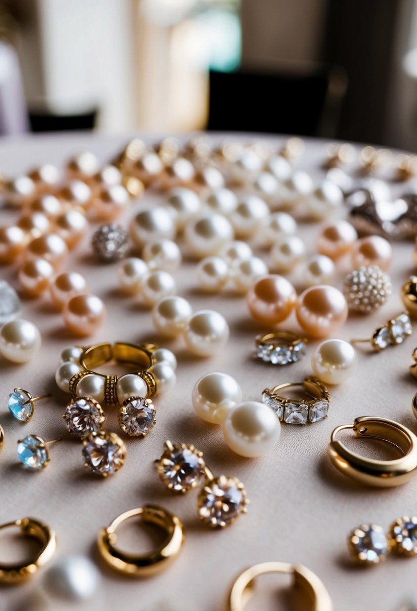 A table covered in vintage 90s wedding earring options, including dangly pearls, crystal studs, and delicate gold hoops