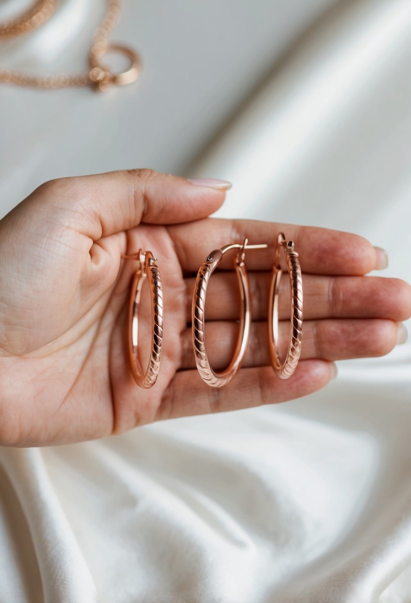 A delicate hand holds three rose gold hoops, arranged on a white silk background with soft lighting