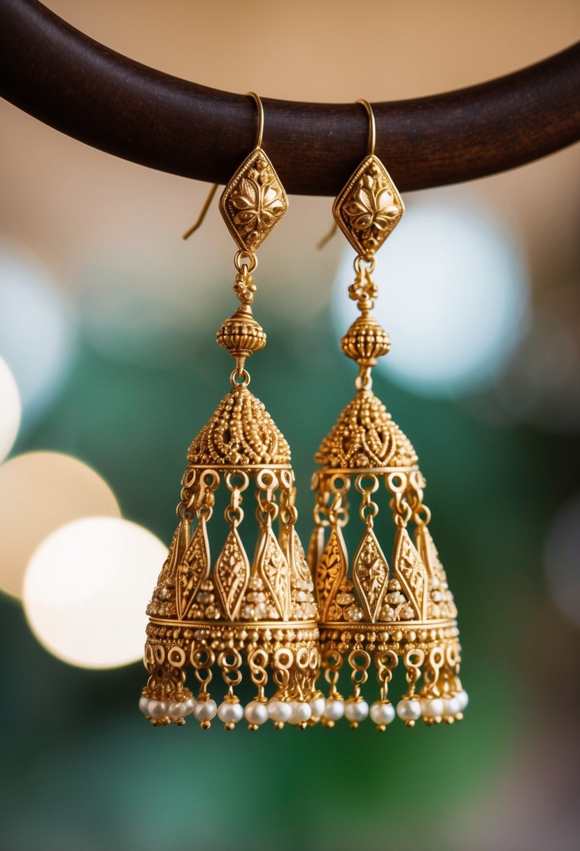 Two ornate gold earrings with intricate designs and dangling beads, inspired by Indian wedding jewelry