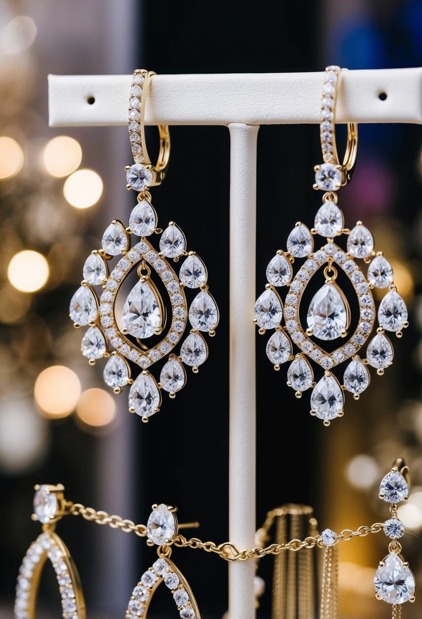 A pair of diamond chandelier earrings hanging from a display, surrounded by other 90s wedding earring ideas