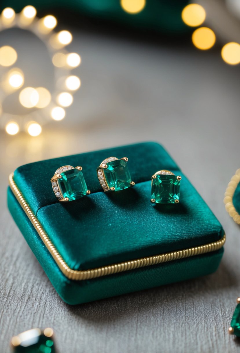 A close-up of three emerald stud earrings arranged on a velvet cushion, with soft lighting to capture their luxurious sparkle