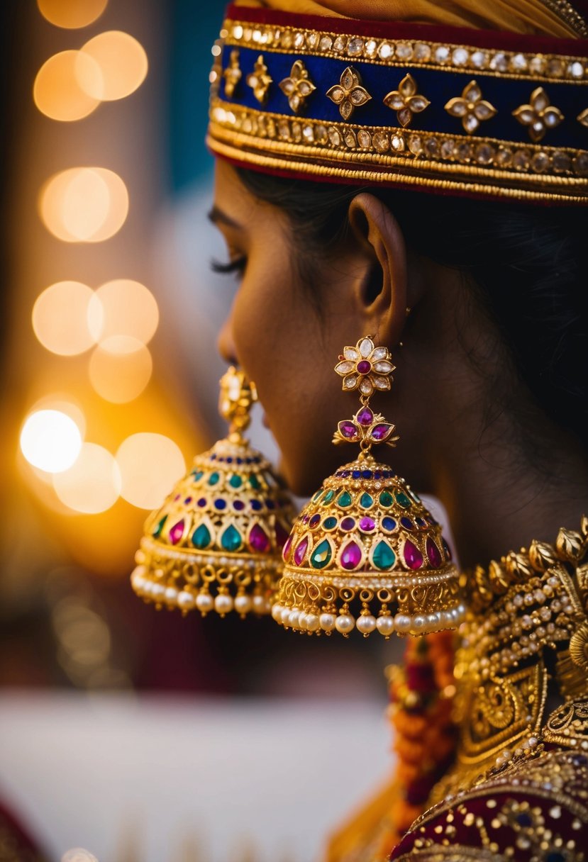 A pair of intricate gold earrings adorned with colorful Meenakari work, shining under the warm glow of a traditional Indian wedding setting