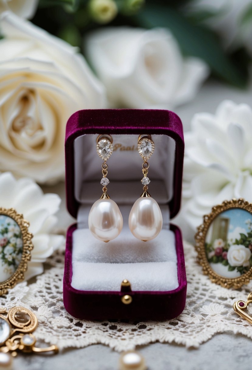 A pair of pearl drop earrings hanging from a velvet jewelry box, surrounded by delicate lace and vintage wedding decor