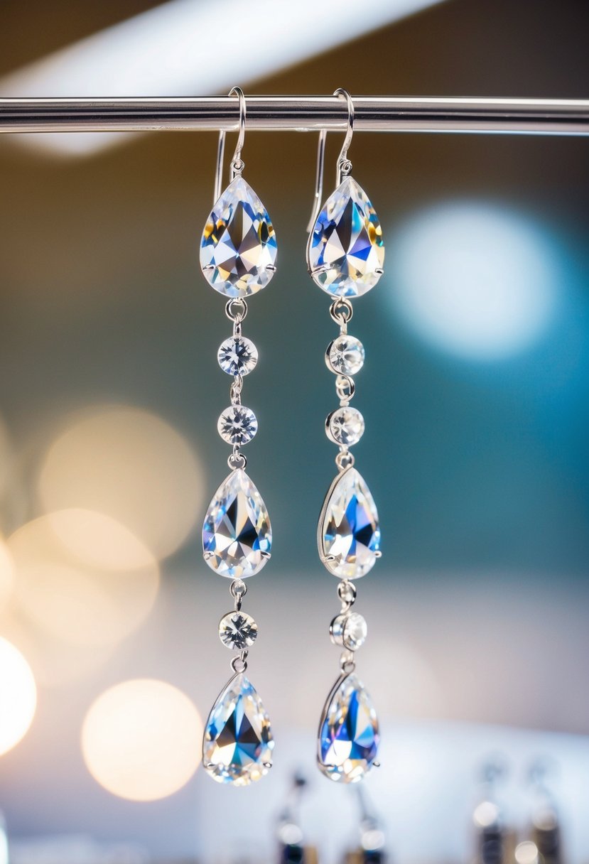 A sparkling pair of crystal dangle earrings hanging from a display, catching the light and exuding glamour