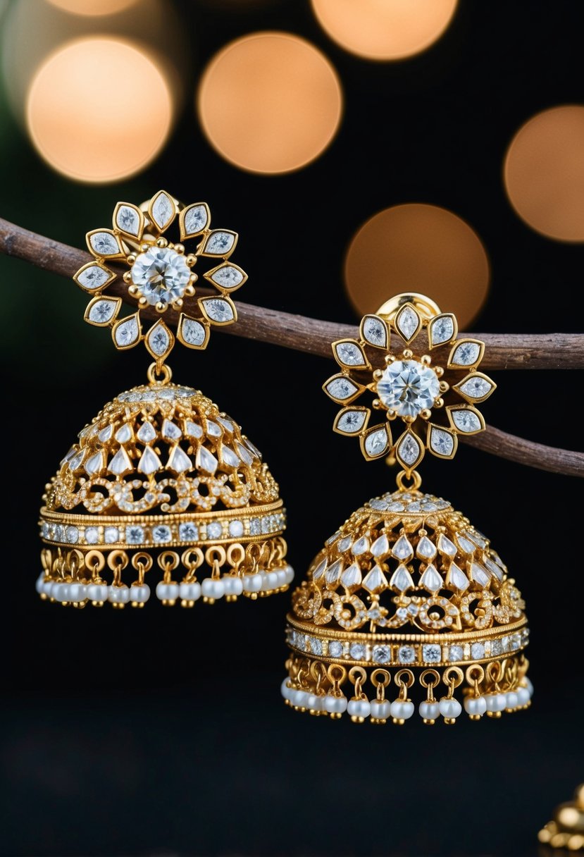 A pair of elaborate gold earrings, studded with sparkling diamonds and intricate Indian designs