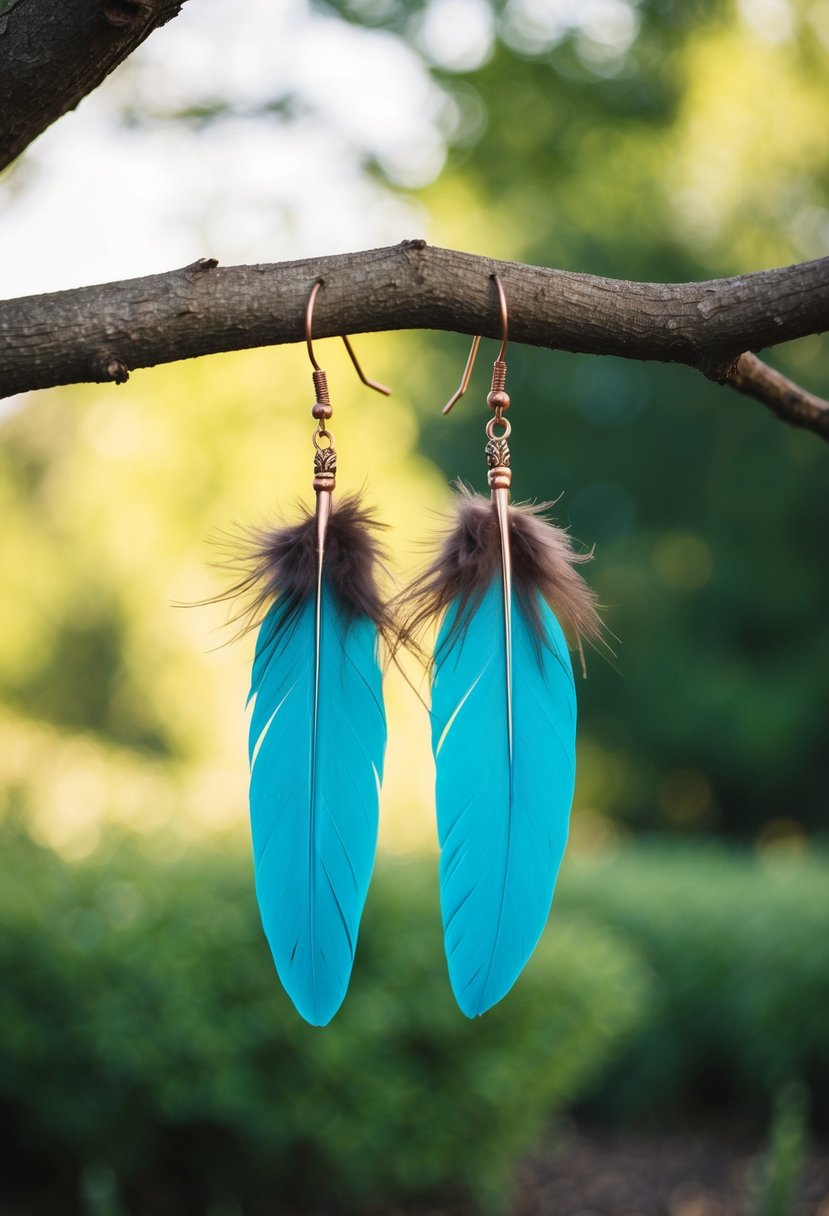 A pair of feather bohemian earrings hanging from a tree branch in a whimsical outdoor setting