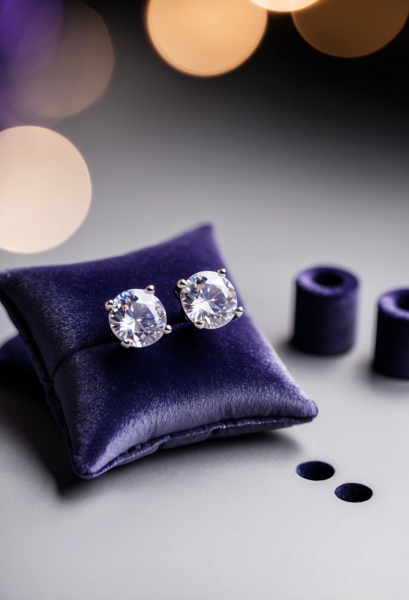 Two pairs of cubic zirconia studs displayed on a velvet cushion, with a third empty hole beside them