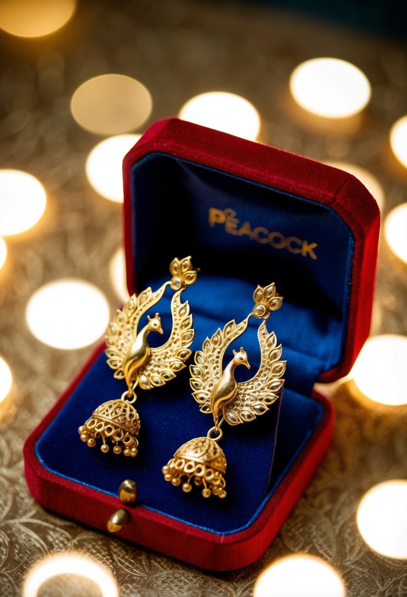 Vintage gold earrings with intricate peacock design displayed on a velvet cushion under soft lighting