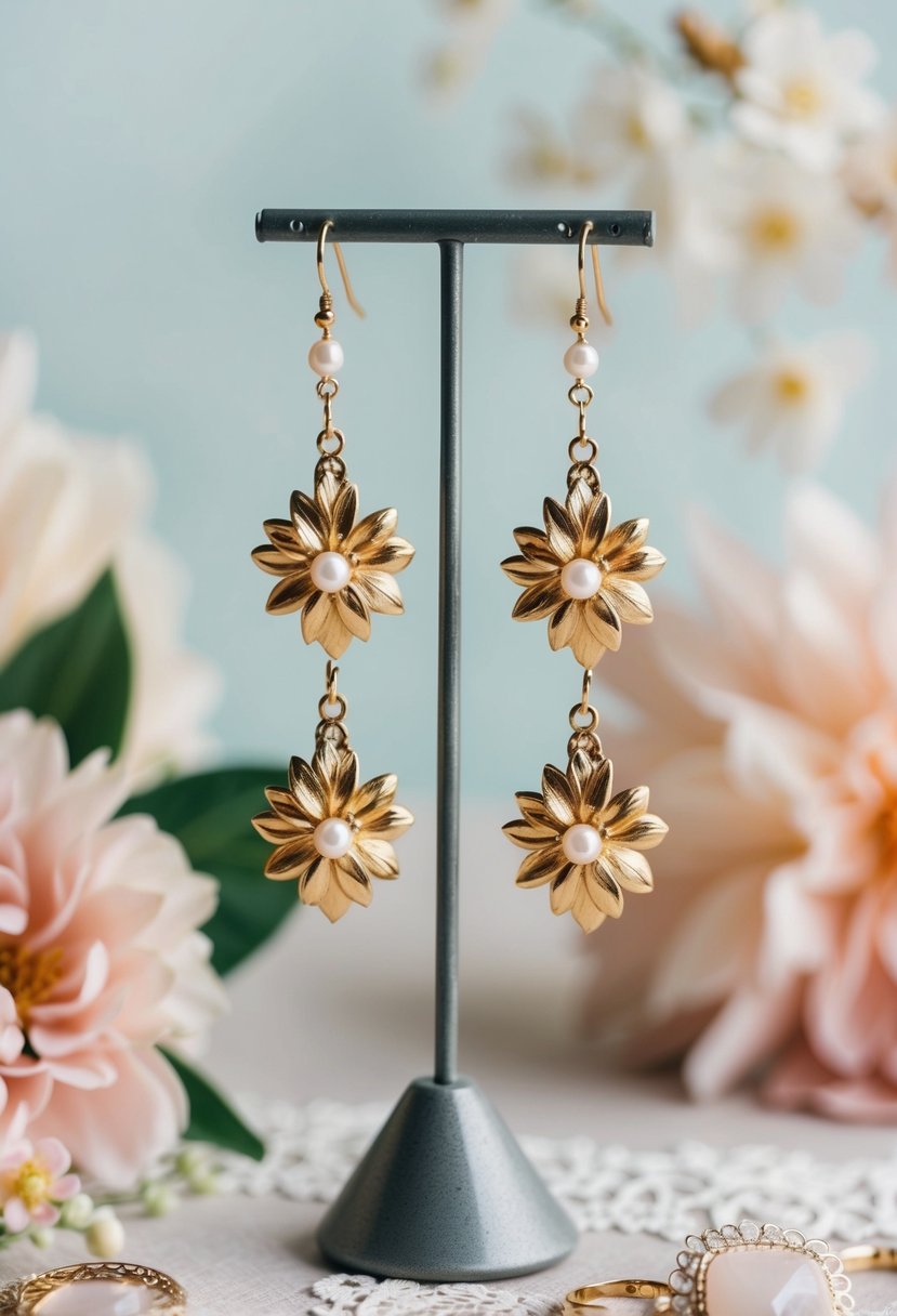 A pair of gold floral drop earrings hanging from a vintage jewelry stand, surrounded by delicate lace and soft pastel flowers