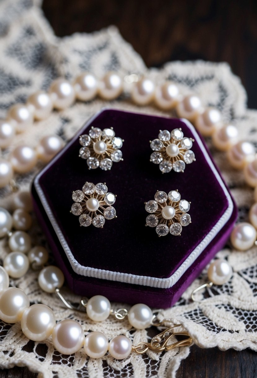 A close-up of vintage cluster earrings displayed on a velvet cushion, surrounded by delicate lace and pearls