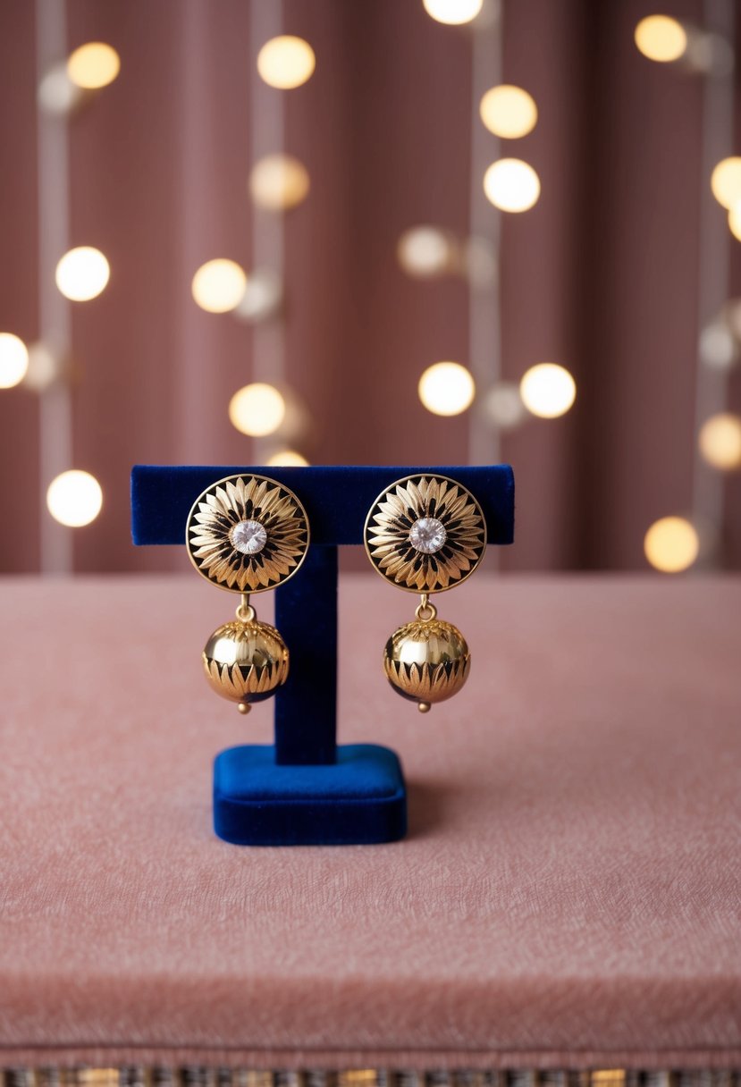 A pair of contemporary gold earrings with a floral motif displayed on a velvet background