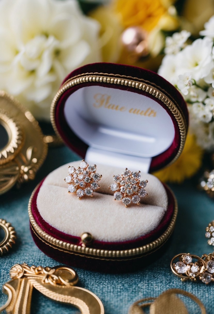 A pair of rose gold stud earrings displayed on a velvet cushion, surrounded by vintage wedding decor from the 90s