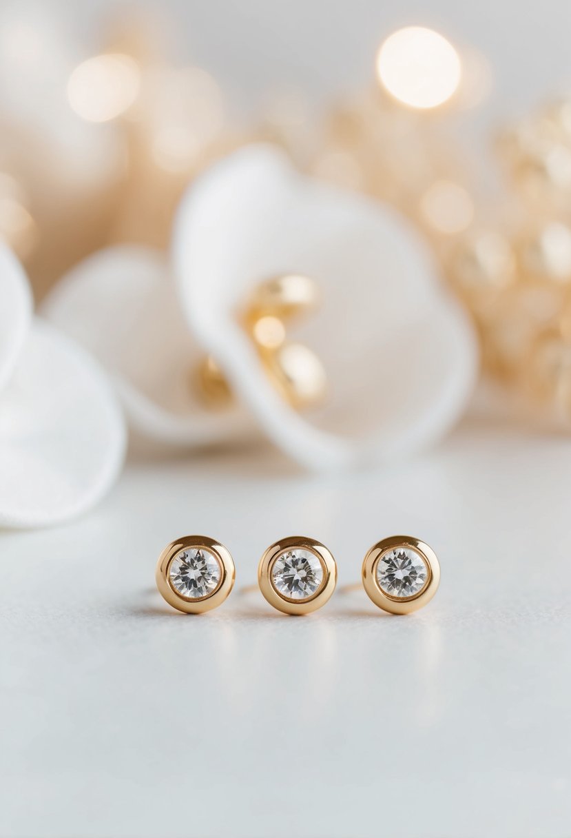 A close-up of three delicate gold stud earrings arranged in a minimalist and elegant fashion, with a soft and romantic background