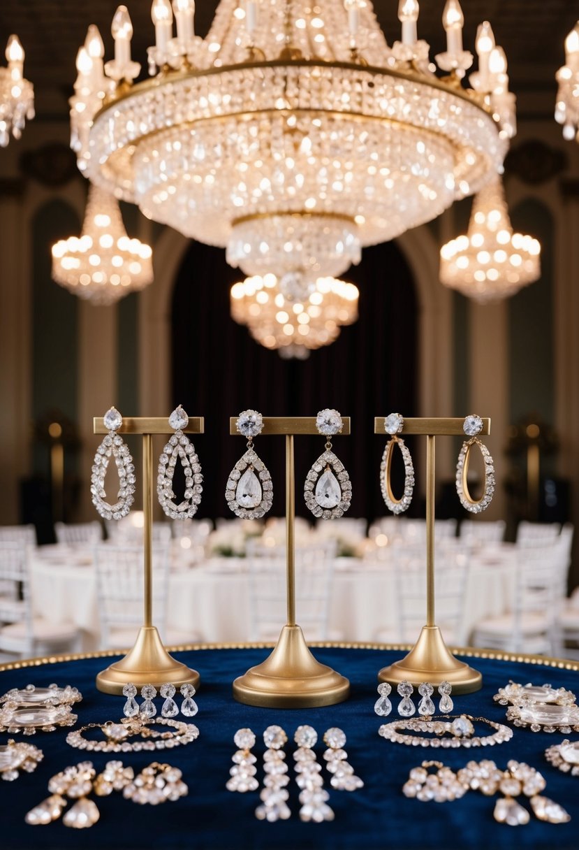 A grand ballroom adorned with vintage crystal chandeliers, casting a soft glow over 90s-inspired wedding earrings displayed on a velvet-lined table