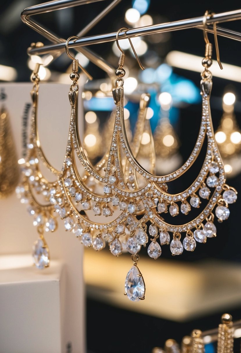 A close-up of chandelier earrings hanging from a display, catching the light and showcasing their intricate design for a dramatic flair