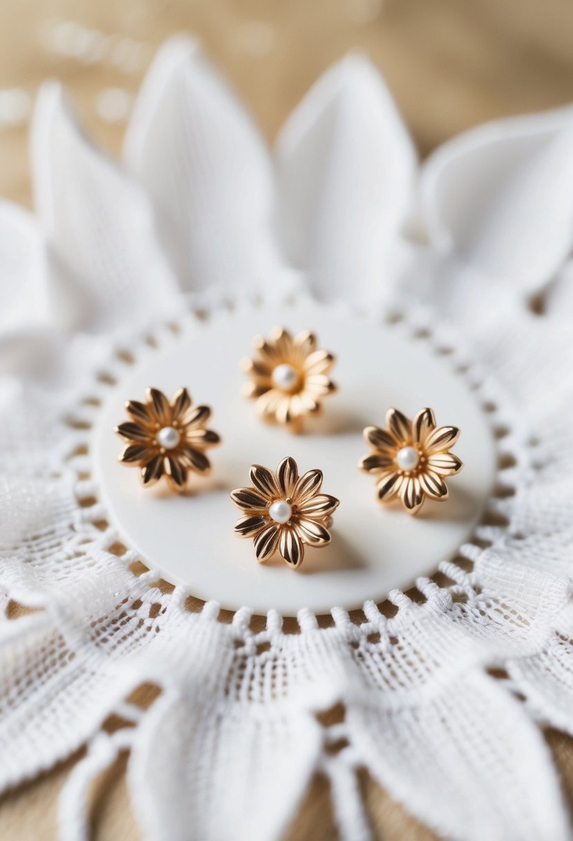 A delicate trio of floral design studs arranged on a white lace background, evoking a feminine touch for wedding earring ideas