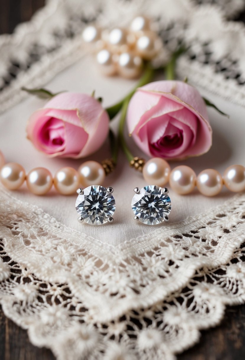 A pair of two-hole diamond studs displayed on a vintage lace handkerchief, surrounded by delicate rose petals and antique pearl beads