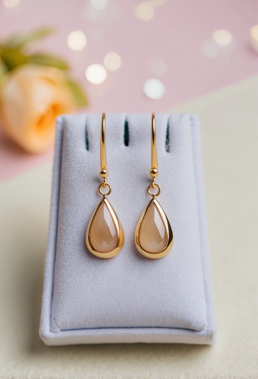 A close-up of teardrop earrings with delicate gold accents, displayed on a white velvet cushion against a soft, pastel background