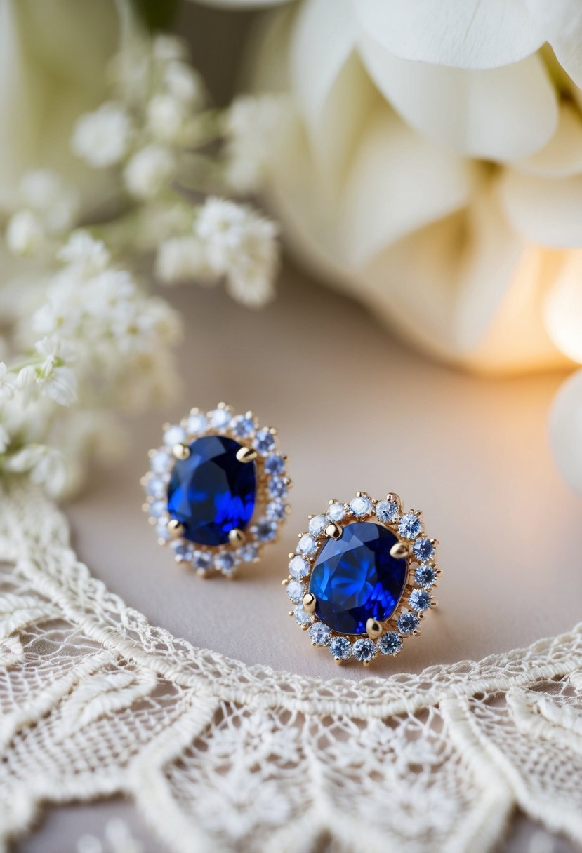 A pair of sapphire halo earrings glisten under soft lighting, surrounded by delicate lace and vintage wedding decor