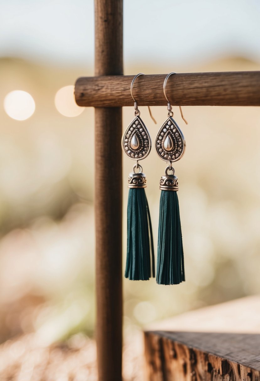 A close-up of bohemian tassel earrings dangling from a rustic wooden earring stand, with soft natural light illuminating the intricate details