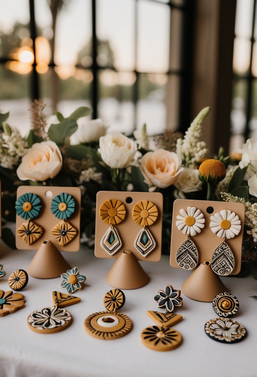 A table with various clay earring designs, including flowers, geometric shapes, and intricate patterns, arranged for a wedding display